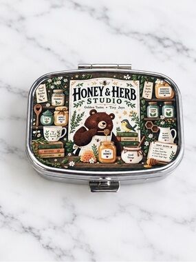 Bear and Honey Design Purse Pill Box/Travel Jewelry-Compact With Lidded Mirror